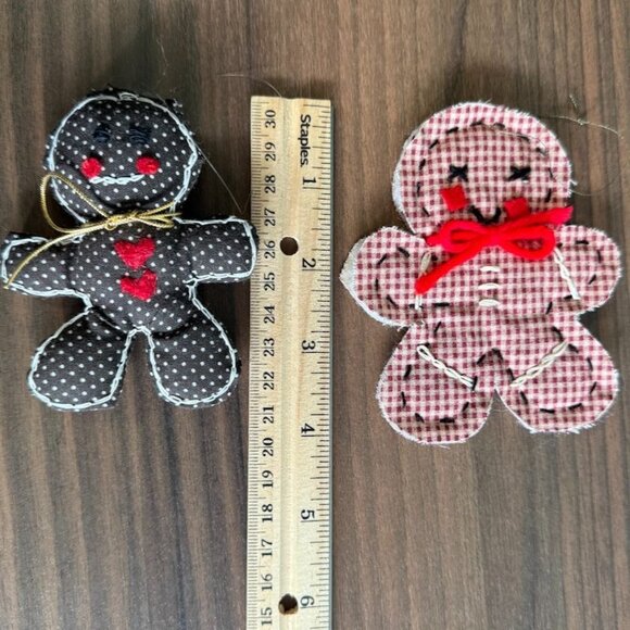 Set Of 5 Vintage Handmade Gingham Gingerbread Man Fabric Ornaments With Bows & S - Picture 7 of 9